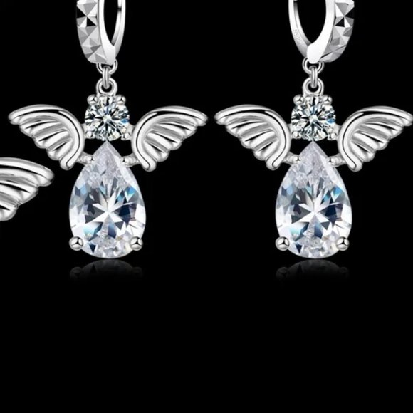 4 Pc Diamond Angel Set Pendant And Earrings, w.18 Chain .925 Sterling Silver - Picture 3 of 7